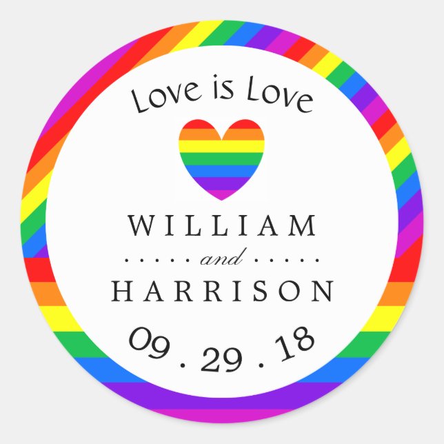 Rainbow Heart Love is Love Wedding Classic Round Sticker (Front)