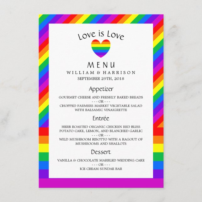 Rainbow Heart Love is Love Wedding Menu (Front)