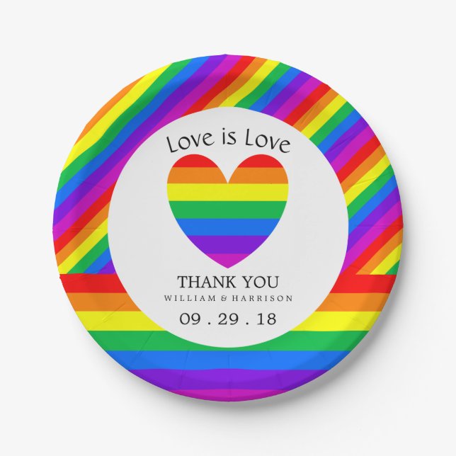 Rainbow Heart Love is Love Wedding Paper Plate (Front)