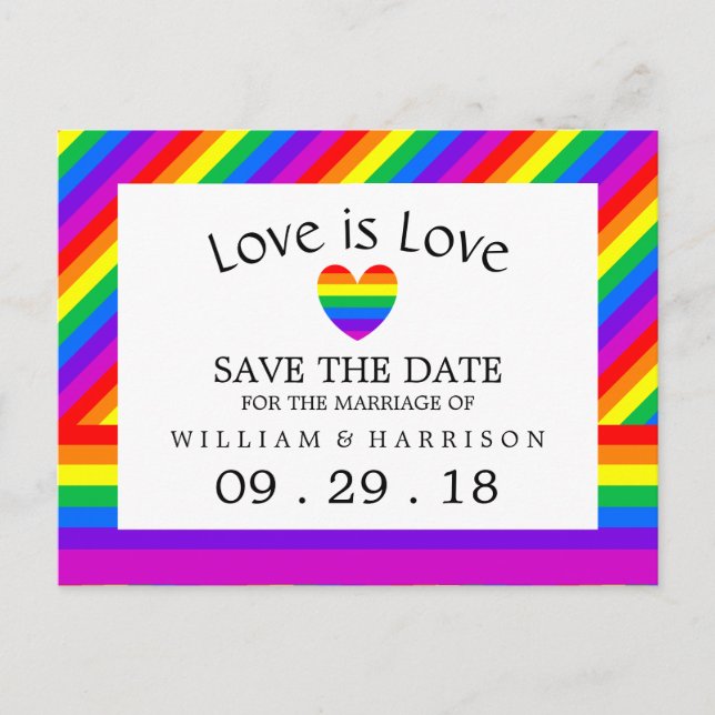 Rainbow Heart Love is Love Wedding Save The Date Announcement Postcard (Front)