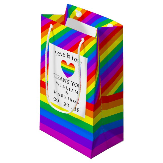 Rainbow Heart Love is Love Wedding Small Gift Bag (Front Angled)