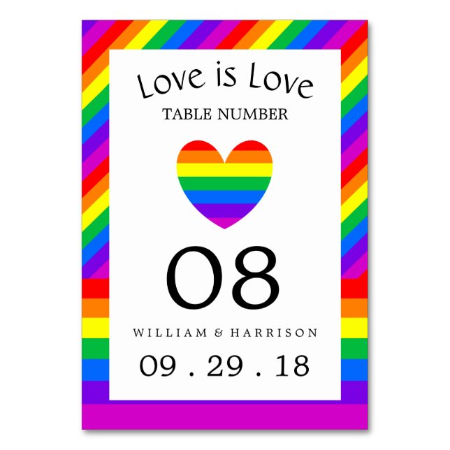 Rainbow Heart Love is Love Wedding Table No. Number (Front)