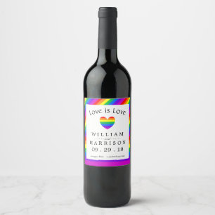 Rainbow Heart Love is Love Wedding Wine Label