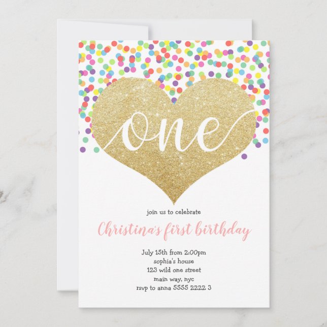 Rainbow Heart ONE Confetti Girl First Birthday Invitation (Front)