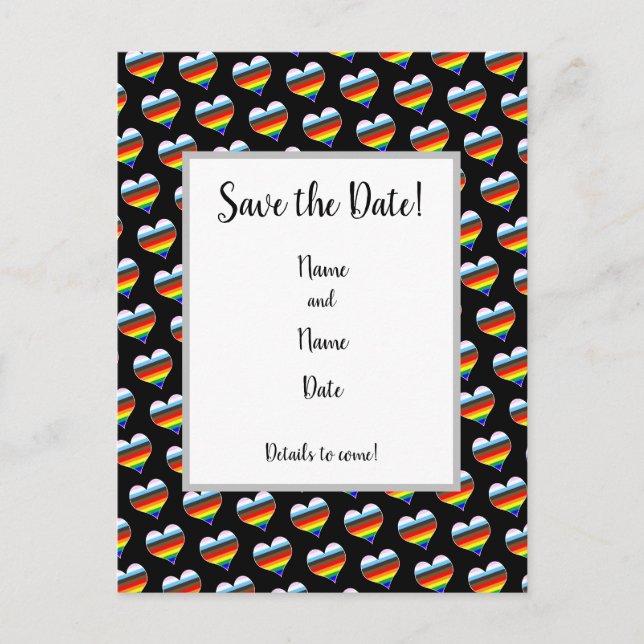 Rainbow Heart Pattern Save the Date Postcard (Front)