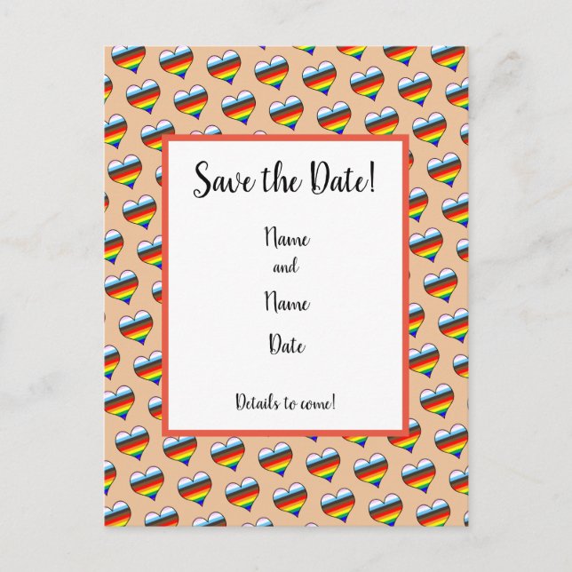 Rainbow Heart Pattern Save the Date Postcard (Front)