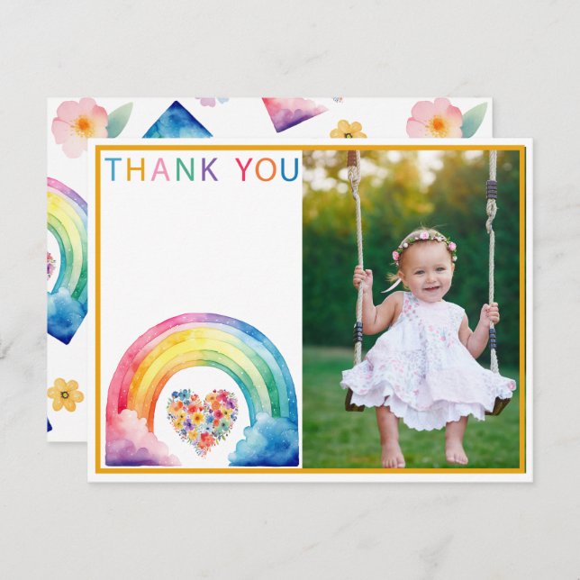 Rainbow Heart Photo Thank You with Clouds (Front/Back)
