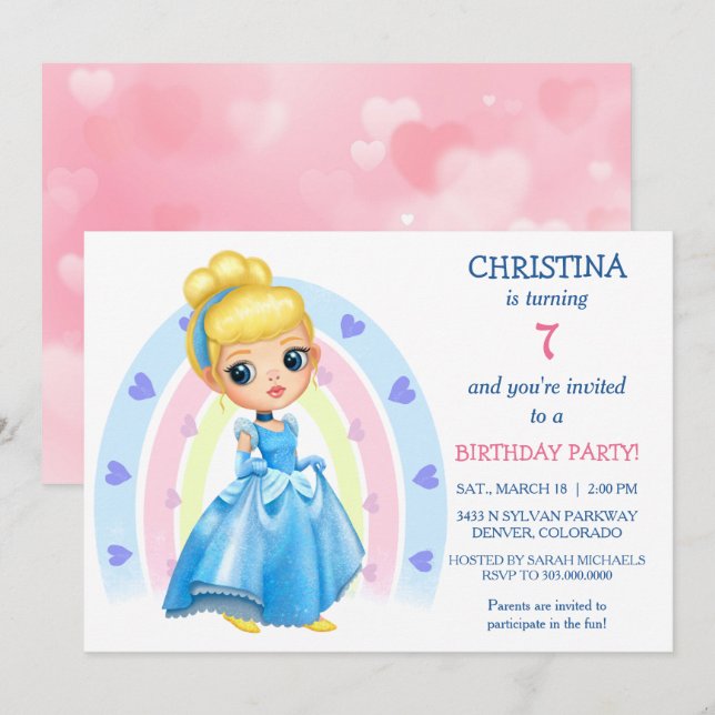 Rainbow Heart Princess Birthday Party Invitation (Front/Back)