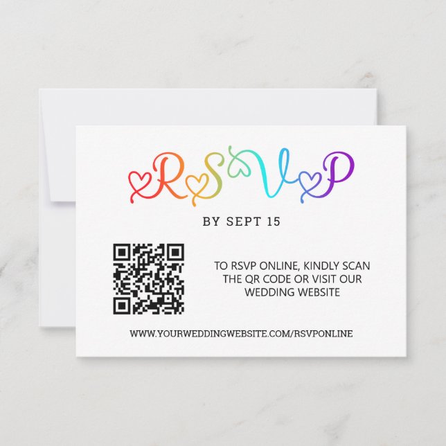 Rainbow Heart Script LGBT Wedding QR Code RSVP Card (Front)