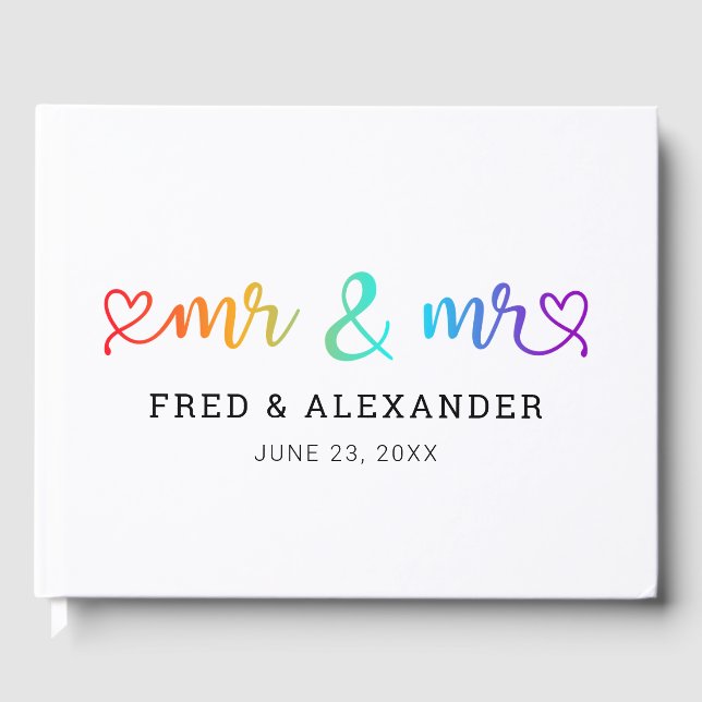 Rainbow Heart Script Mr & Mr Gay Wedding Guest Book (Front)