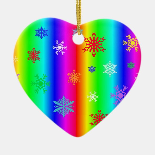 Rainbow Heart Snowflakes Christmas LGBTQ Ceramic Tree Decoration (Front)