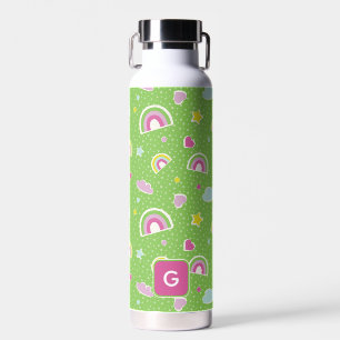 Rainbow Heart Stars Green Pink Kids Personalised Water Bottle