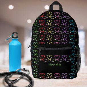 Rainbow Heart Stethoscope Monogram  Printed Backpack
