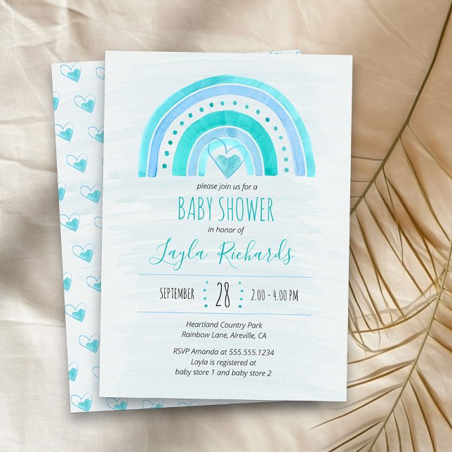 Rainbow Heart Watercolor Wash Blue Baby Shower Invitation (Blue Rainbow boy baby shower  invitation)