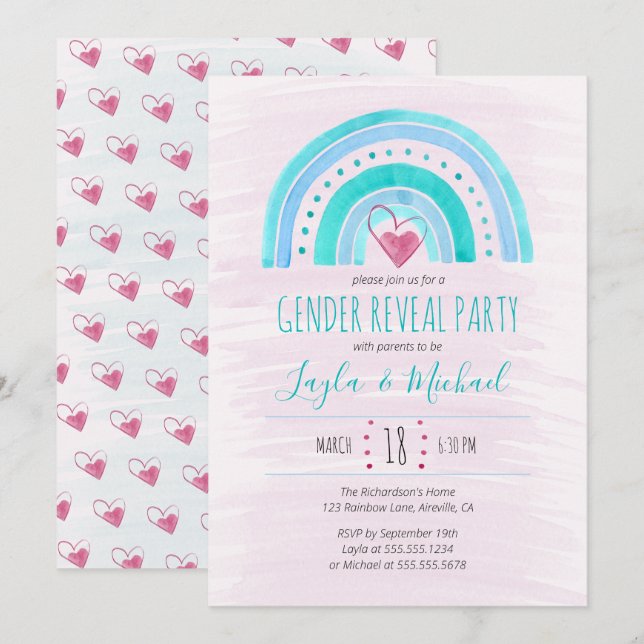 Rainbow Heart Watercolor Wash Gender Reveal Invitation (Front/Back)