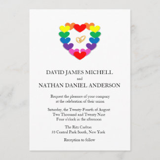 Rainbow Heart Wedding Rings Gay Marriage Invitation