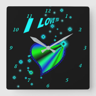 Rainbow Heart with Stars - I LOVE YOU Square Wall Clock