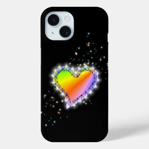 Rainbow Heart with Stars on black iPhone 15 Case