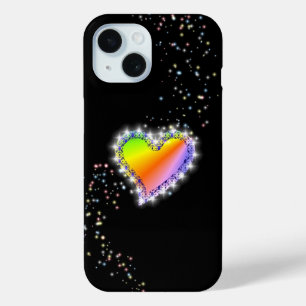 Rainbow Heart with Stars on black iPhone 15 Case