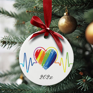 Rainbow Heartbeat   Abstract Scribble Heart Ceramic Tree Decoration