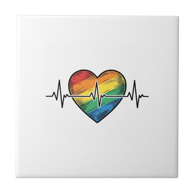 Rainbow Heartbeat Heart Vintage Engraving Design_1 Tile (Front)