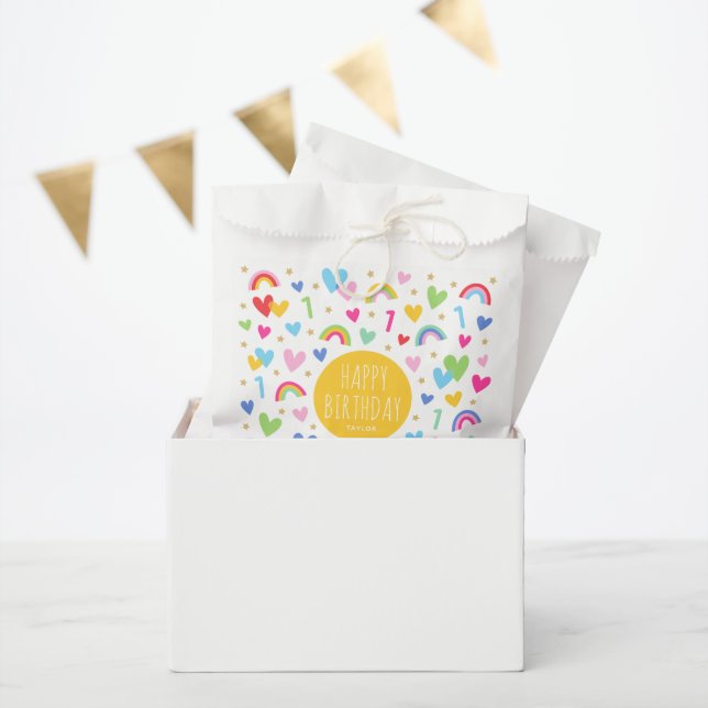 Rainbow Hearts 1st Birthday Party Name Yellow Favour Bags (Party)