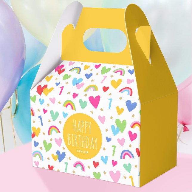 Rainbow Hearts 1st Birthday Party Name Yellow Favour Box (Creator Uploaded)