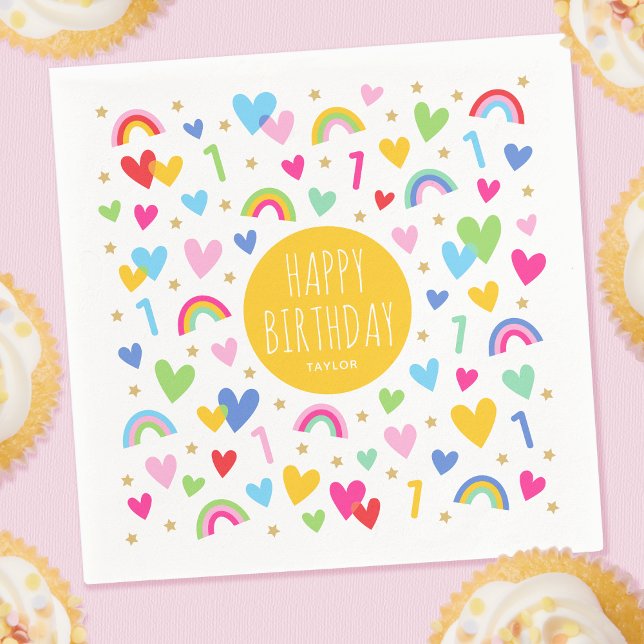 Rainbow Hearts 1st Birthday Party Name Yellow Napkin (Creator Uploaded)
