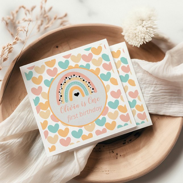 Rainbow & Hearts 1st Birthday Party Napkin (Creator Uploaded)