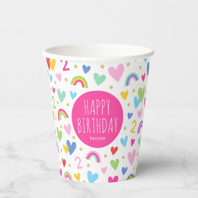 Rainbow Hearts 2nd Birthday Party Custom Name Pink Paper Cups (Front)