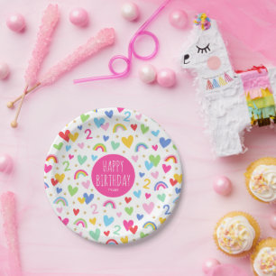 Rainbow Hearts 2nd Birthday Party Custom Name Pink Paper Plate