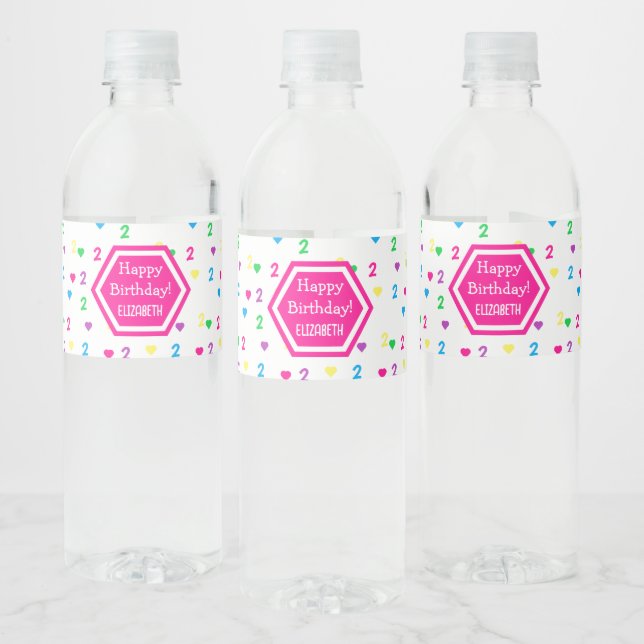 Rainbow Hearts 2nd Birthday Water Bottle Label (Bottles)