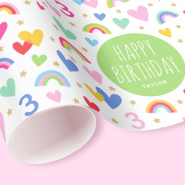 Rainbow Hearts 3rd Birthday Custom Name Green Wrapping Paper (Creator Uploaded)
