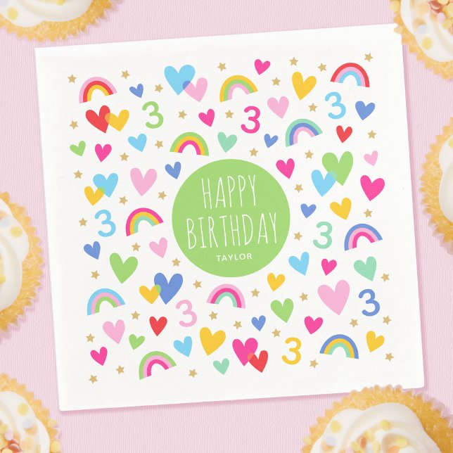 Rainbow Hearts 3rd Birthday Party Name Green Napkin (Creator Uploaded)