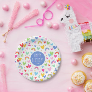 Rainbow Hearts 4th Birthday Party Custom Name Blue Paper Plate