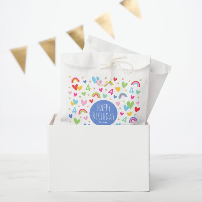 Rainbow Hearts 4th Birthday Party Name Blue Favour Bags (Party)