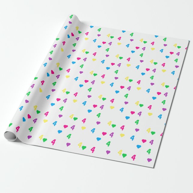 Rainbow Hearts 4th Birthday Wrapping Paper (Unrolled)
