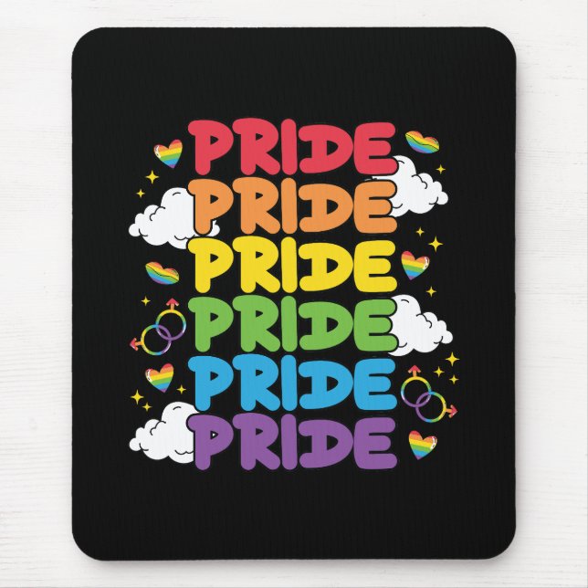 Rainbow, Hearts and Clouds - Repeated Pride Mouse Mat (Front)