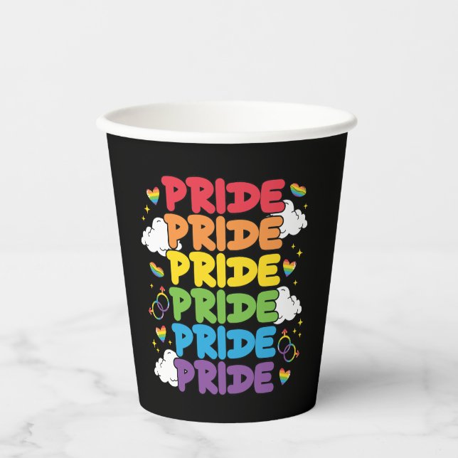 Rainbow, Hearts and Clouds - Repeated Pride Paper Cups (Front)