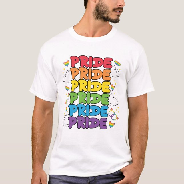 Rainbow, Hearts and Clouds - Repeated Pride T-Shirt (Front)