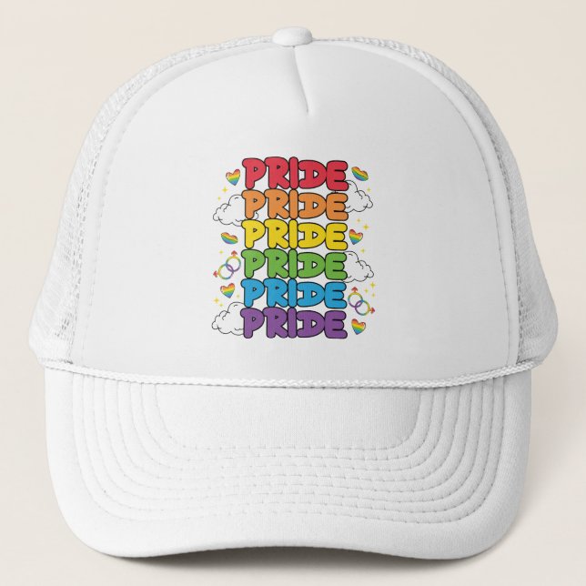 Rainbow, Hearts and Clouds - Repeated Pride Trucker Hat (Front)
