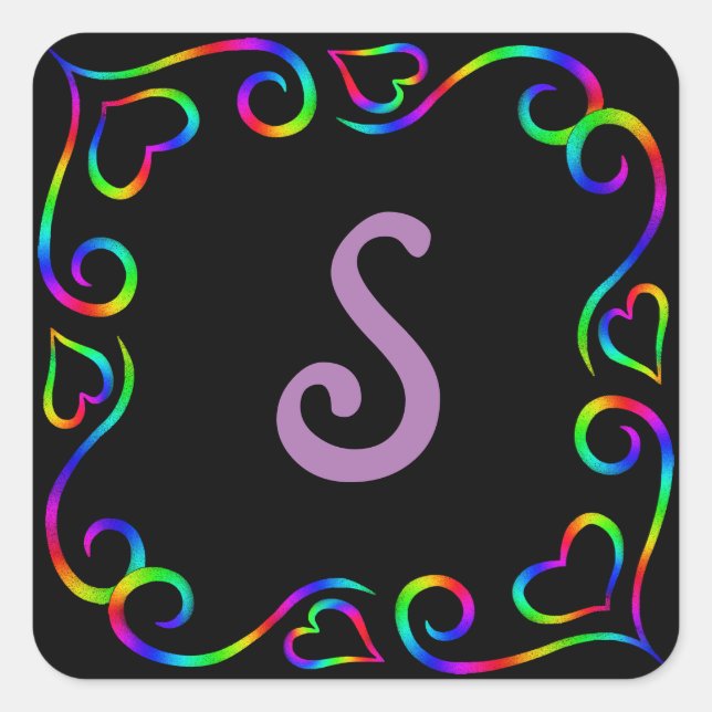 Rainbow hearts and swirls Love on black Square Sticker (Front)