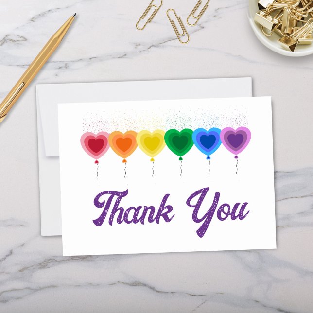 Rainbow Hearts Balloons Folded Thank You Cards (Cute heart shaped balloons in rainbow color scheme personalized folded thank you cards)