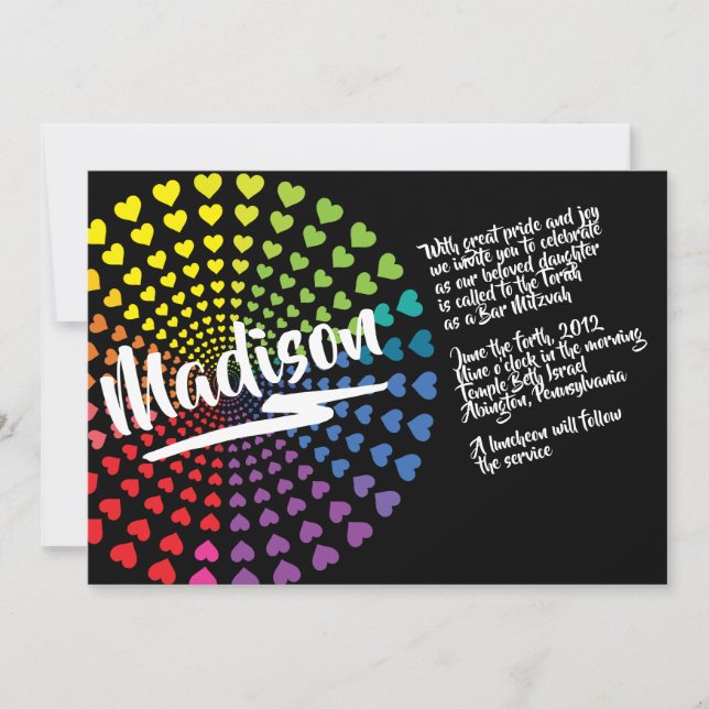 RAINBOW HEARTS Bat Mitzvah Invitation (Front)