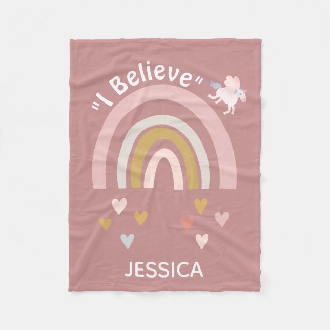 Rainbow Hearts Believe in Unicorns Personalised Fleece Blanket (Front)
