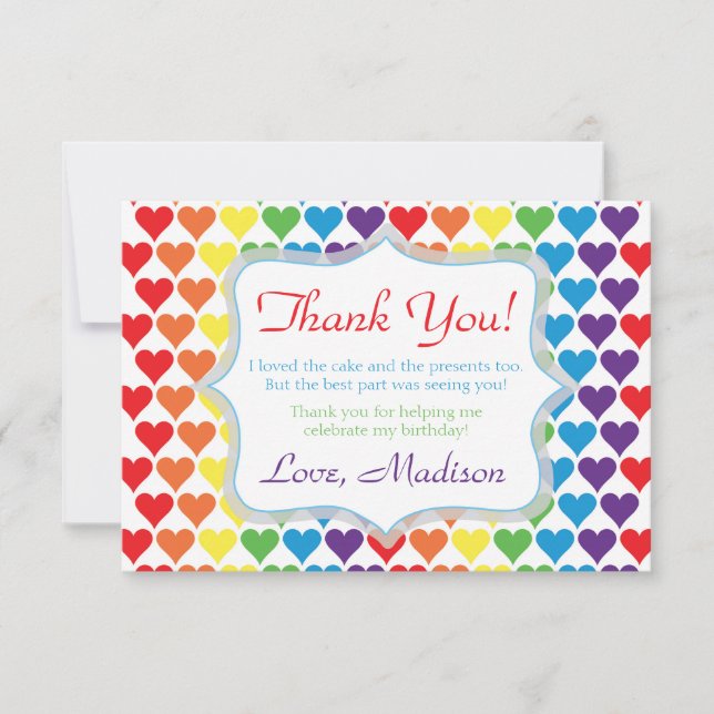 Rainbow Hearts Birthday Thank You Card (Front)