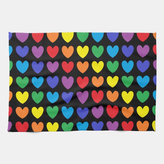 Rainbow Hearts Black Tea Towel (Horizontal)