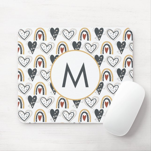 Rainbow Hearts Boho Pattern Monogram Initial Mouse Mat (With Mouse)