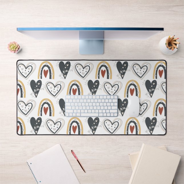 Rainbow Hearts Boho Pattern Yellow Red Grey Desk Mat (Office 1)