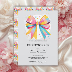Rainbow Hearts Bow Baby Shower Invitation
